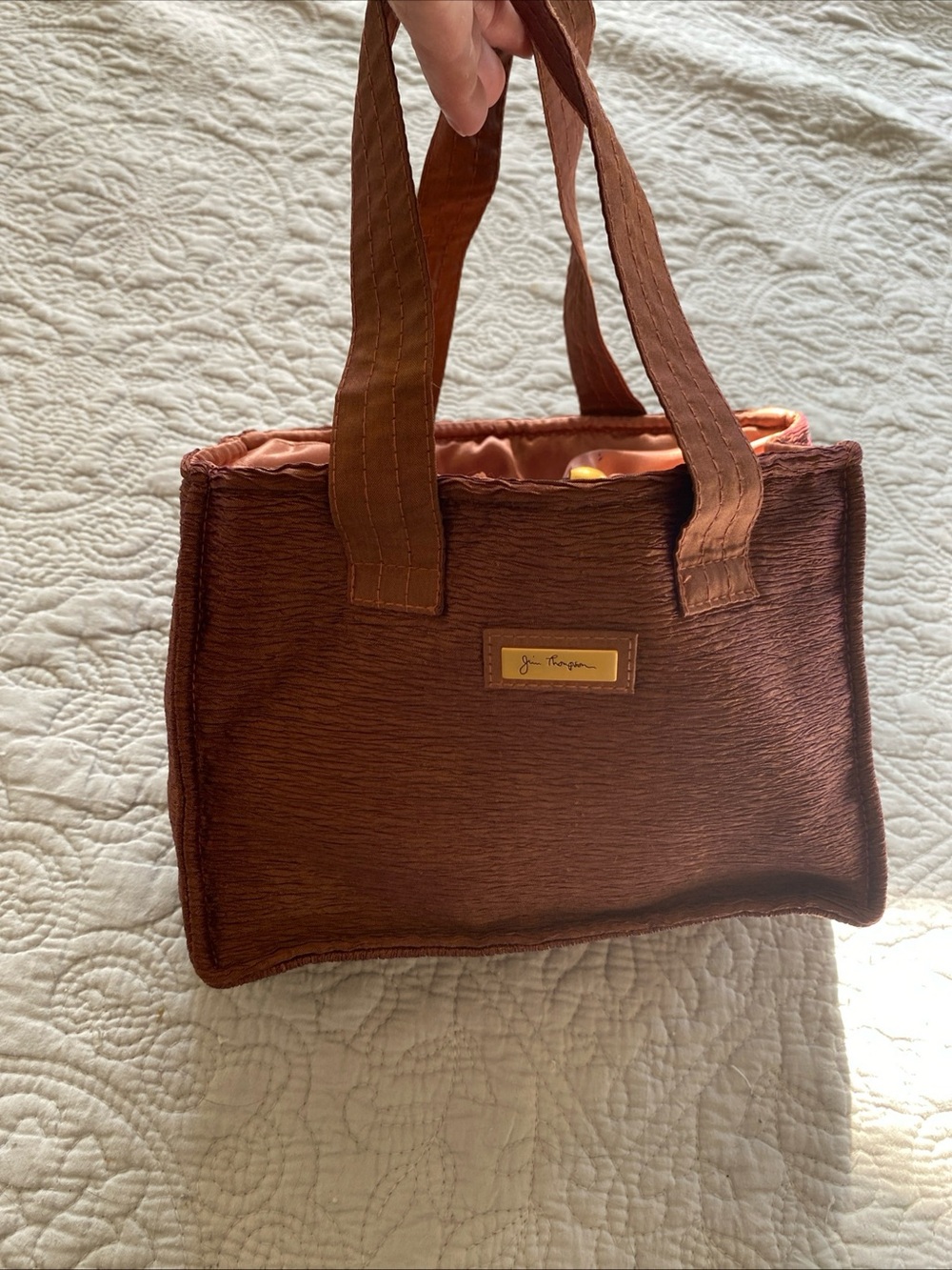 Jim Thompson Silk Mini Tote in Iridescent Rust Brown/ Deep Blush Pink Drawstring - Picture 15 of 16